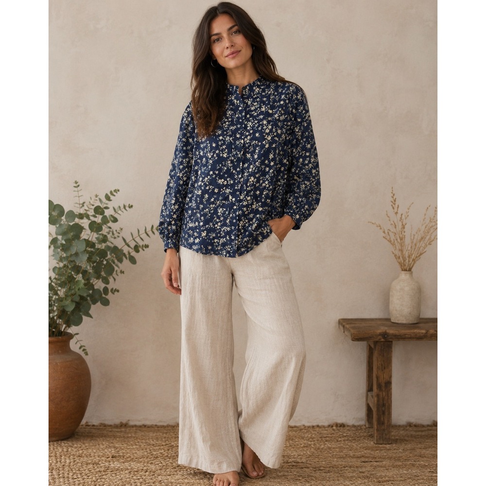Floral Cotton Top Womens‎ Medium Navy Blue Cottagecore Boho Prairie Button Front